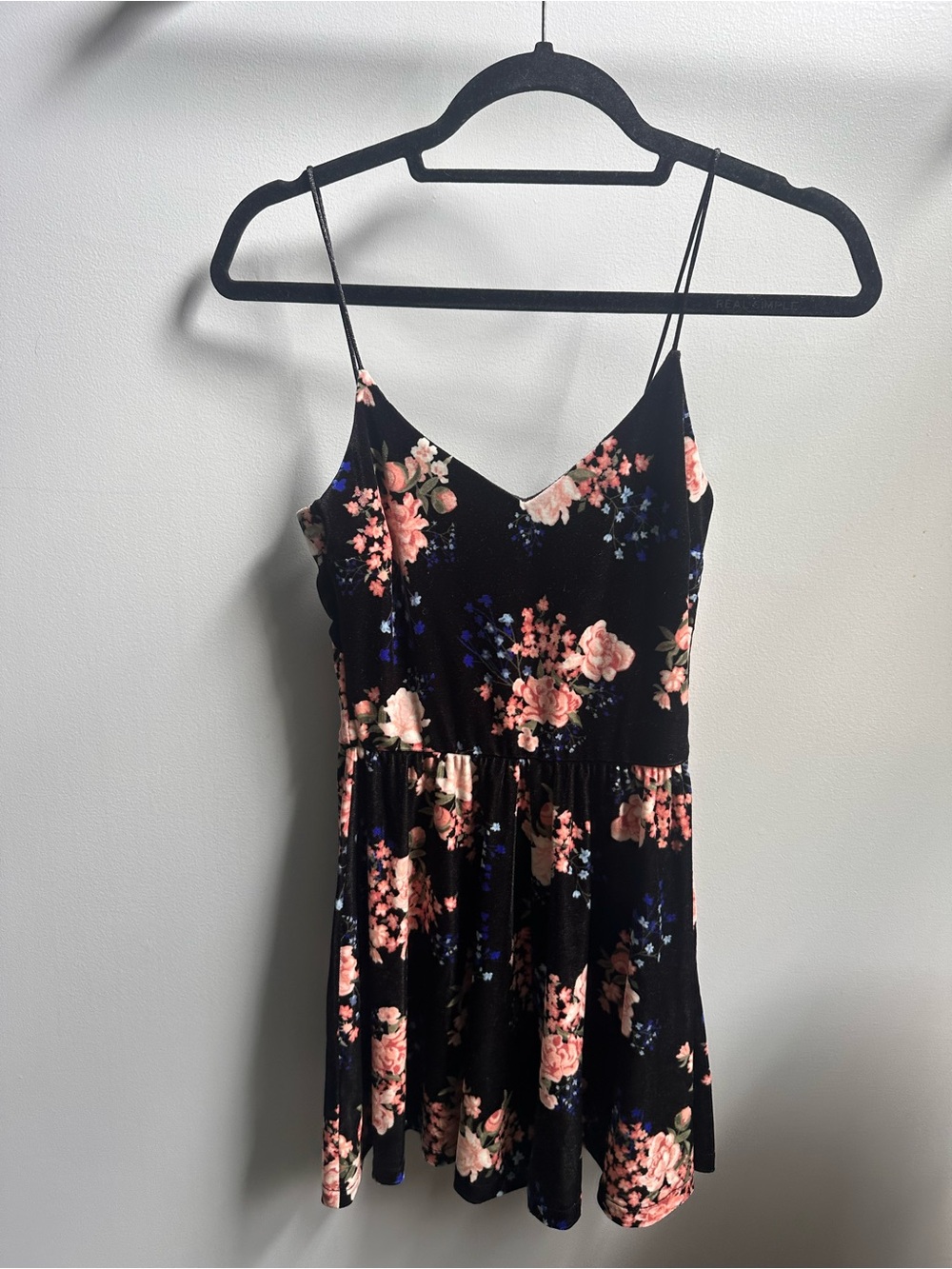 H&M Black Floral Velvet Romper with Pink & Blue Flowers